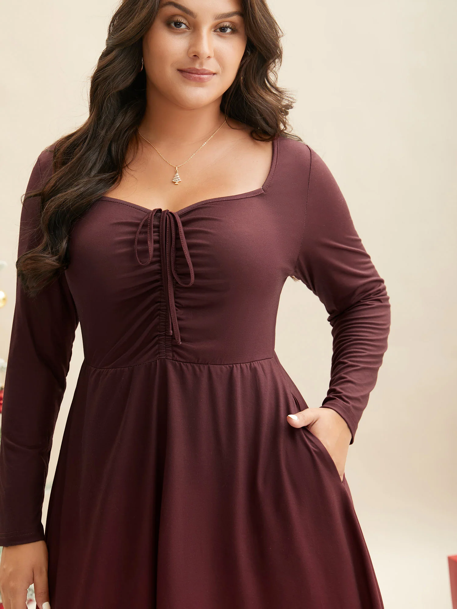 Heart Neckline Drawstring Gradient Midi Dress