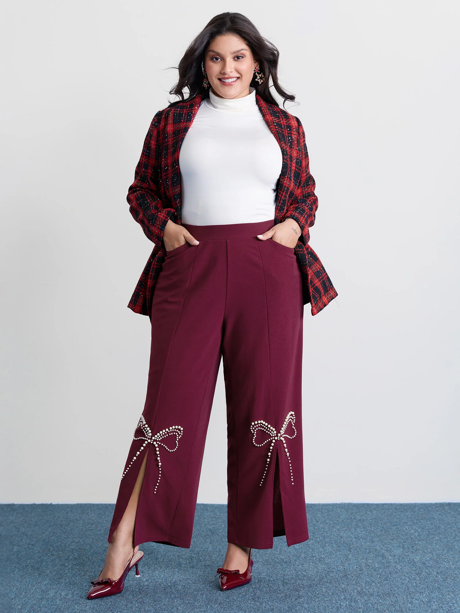 Bowknot Beads Slit Wide Waistband Pants