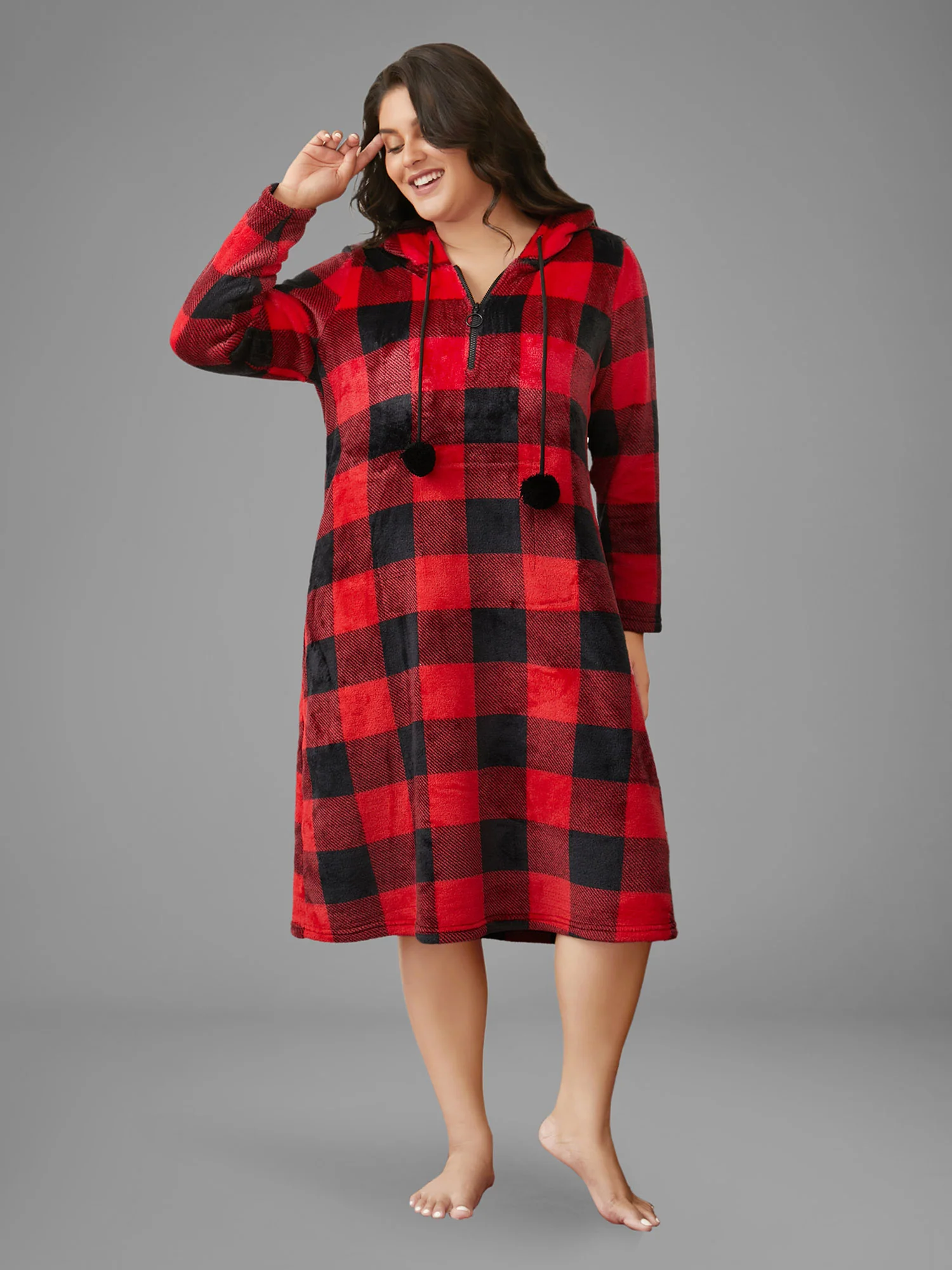 Checkered Hooded Flannel Sleep Midi Dress