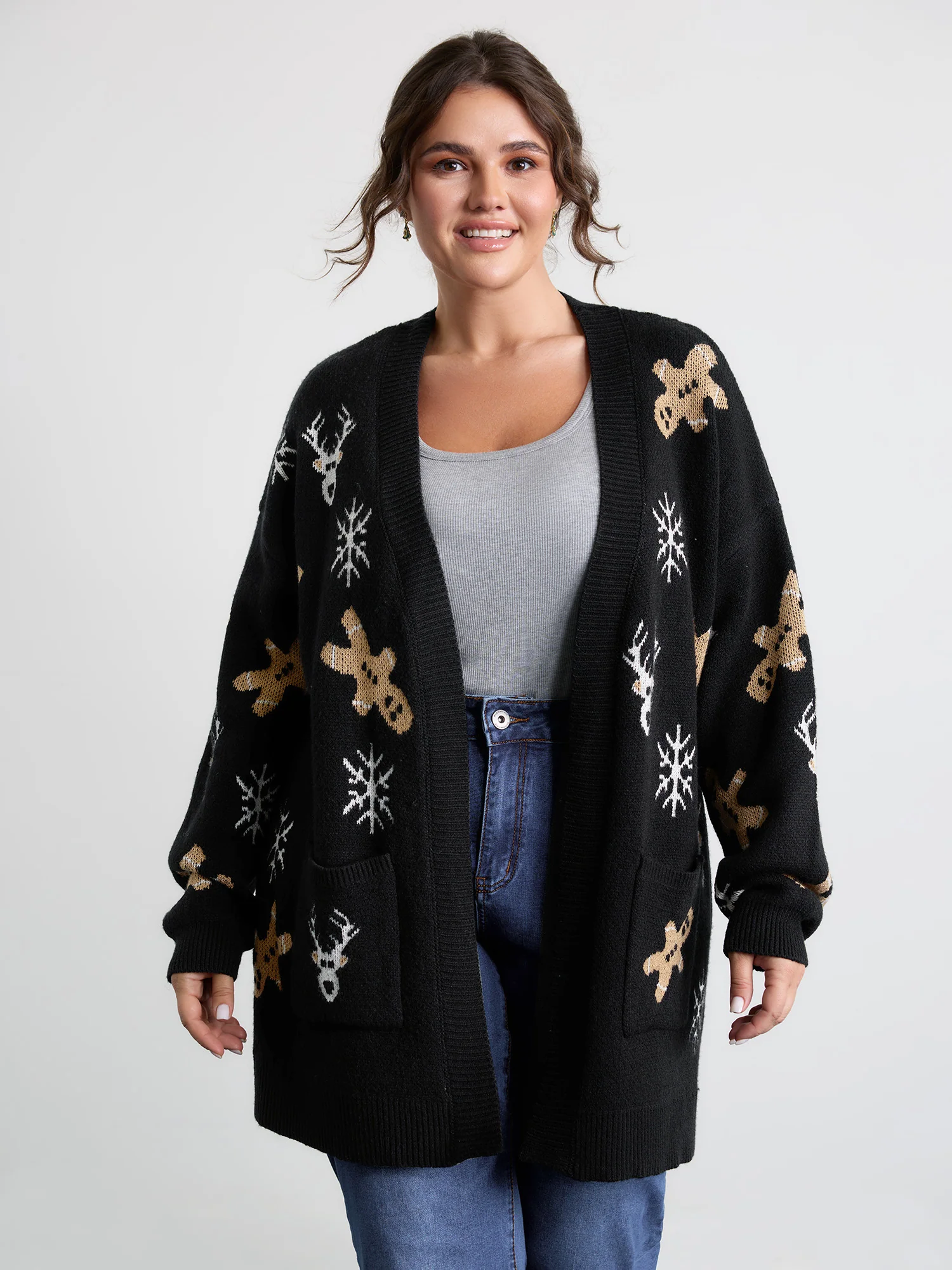 Supersoft Gingerbread Holiday Jacquard Pockets Cardigan
