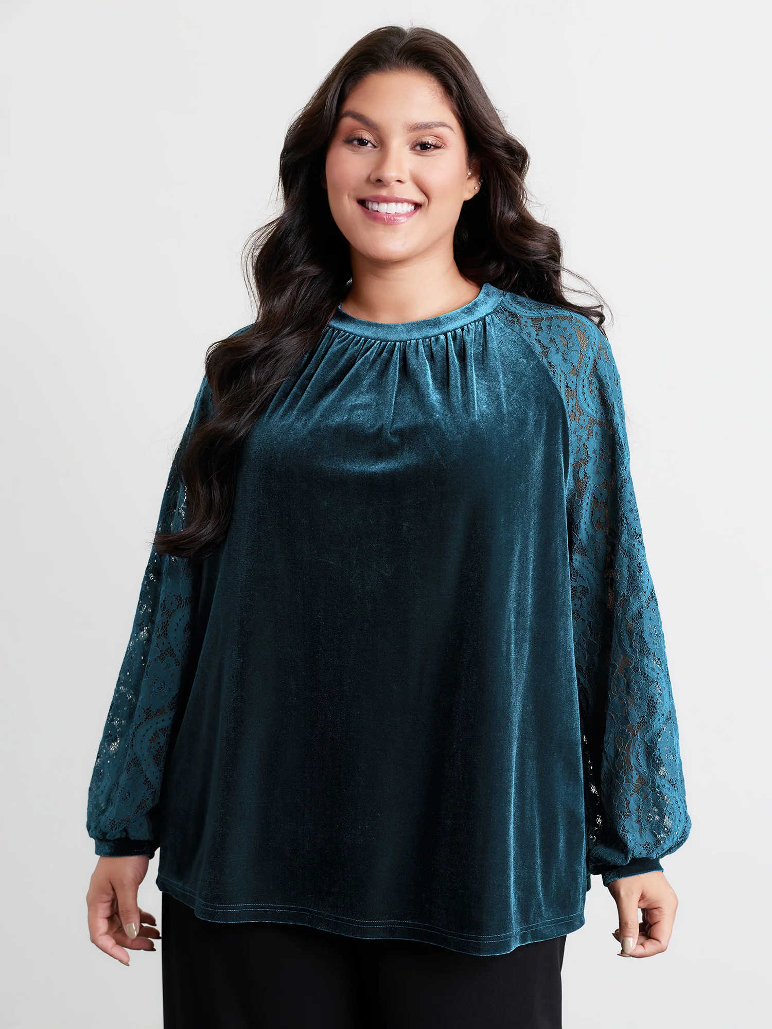 Velvet Sheer Lace Raglan Sleeve Blouse
