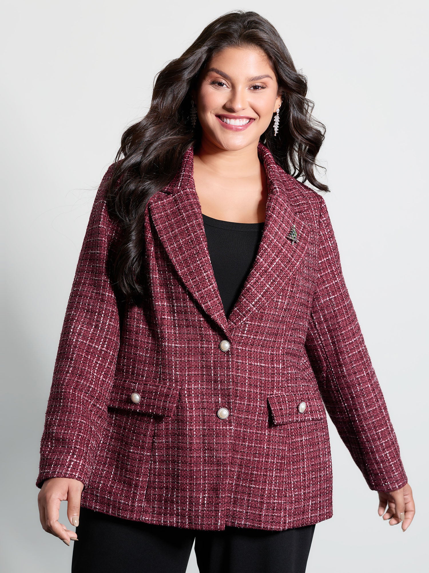 Tweed Brooch Waist-Defining Blazer