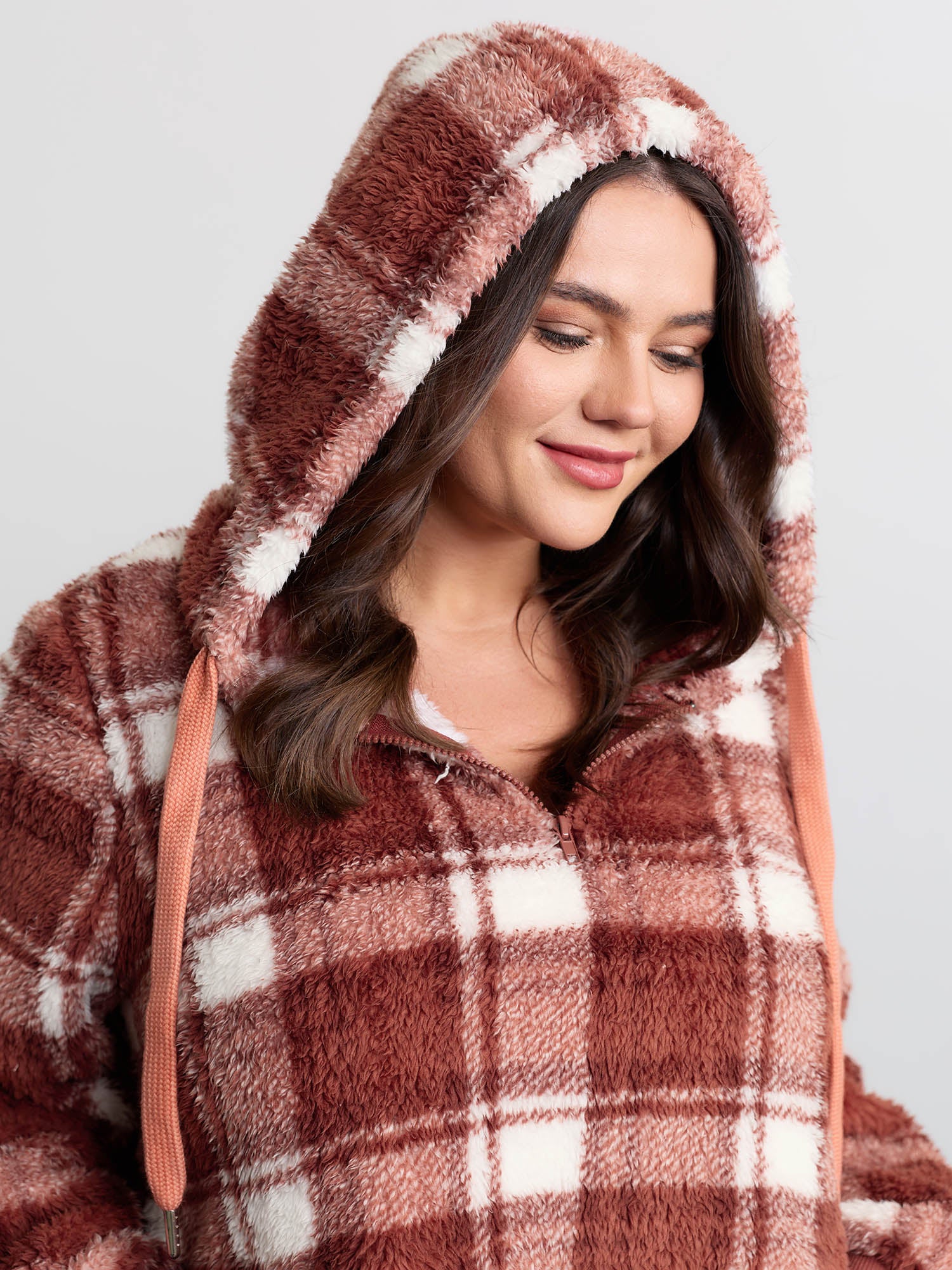 Plaid Plush Slant Pockets Hoodie