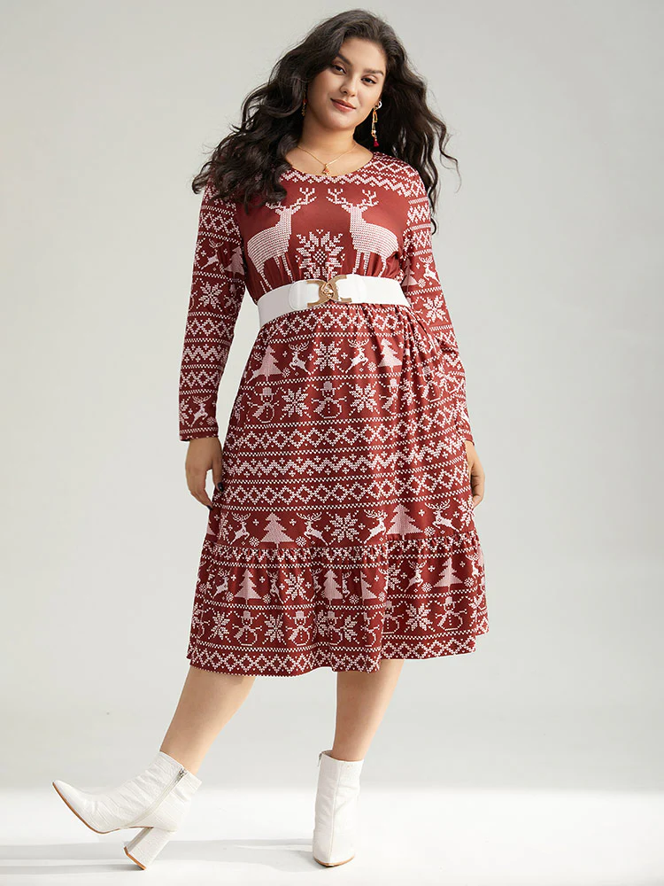 Christmas Elk Gathered Ruffle Layered Hem Dress