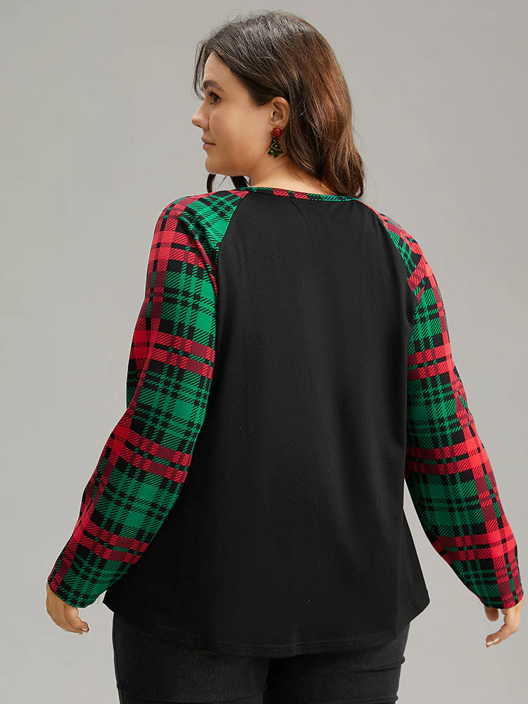 Plaid Contrast Notched Raglan Sleeve T-shirt