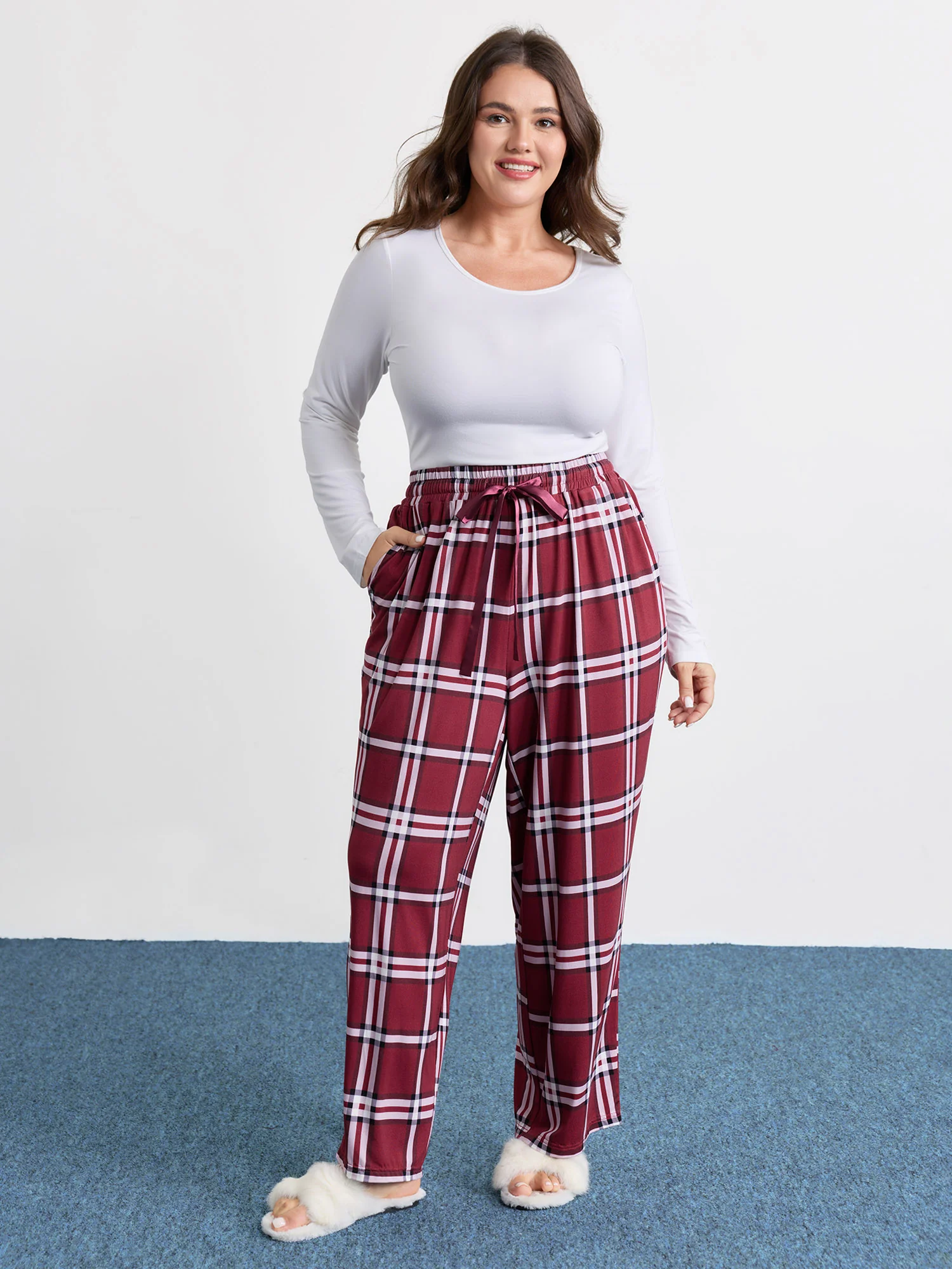 Plaid Drawstring Wide Waistband Lounge Bottoms