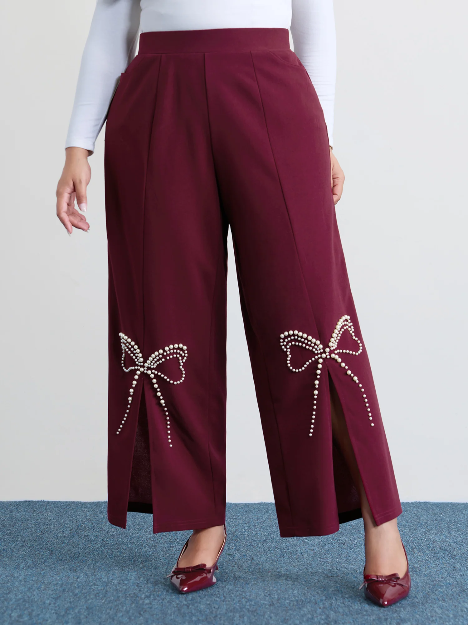 Bowknot Beads Slit Wide Waistband Pants