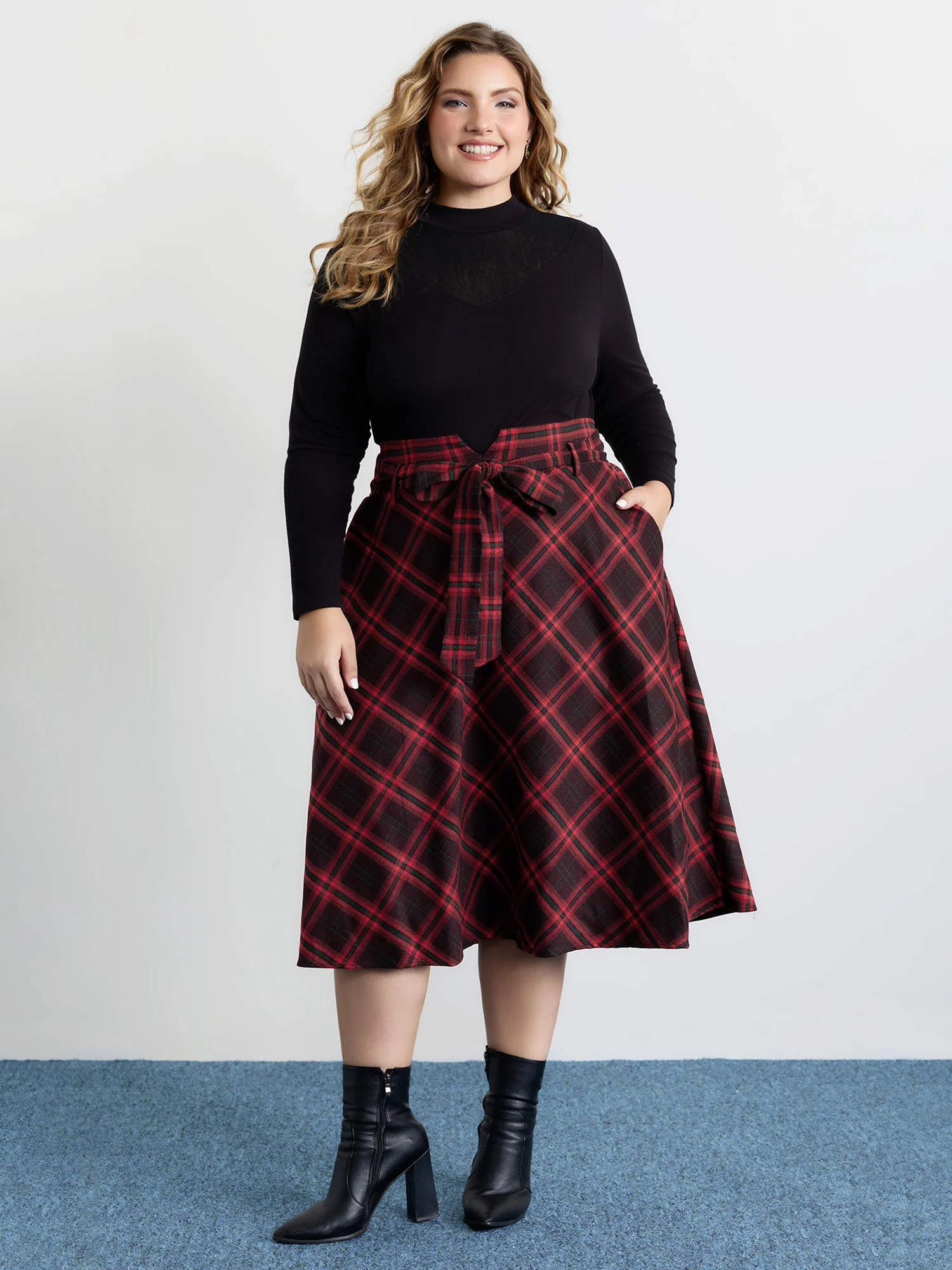 Plaid Waist-Tie Flowy Midi Skirt