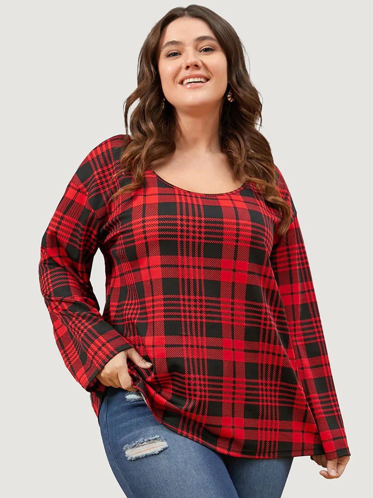 Plaid Round Neck Bell Sleeve Sweatshirt