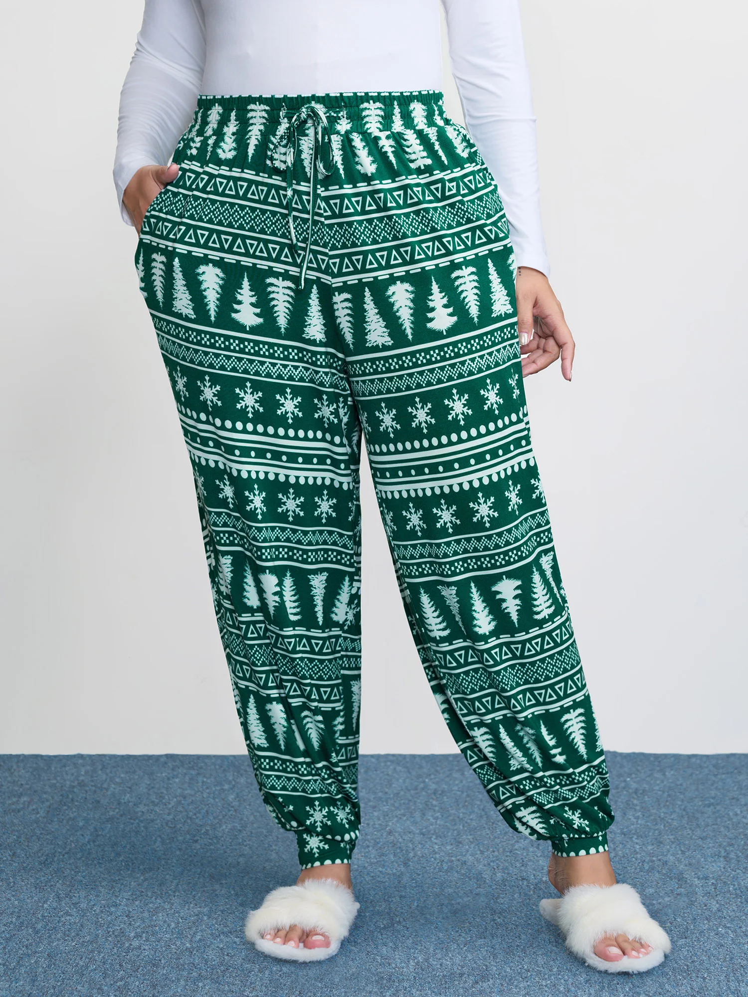 Holiday Print Drawstring Waist Lounge Bottoms
