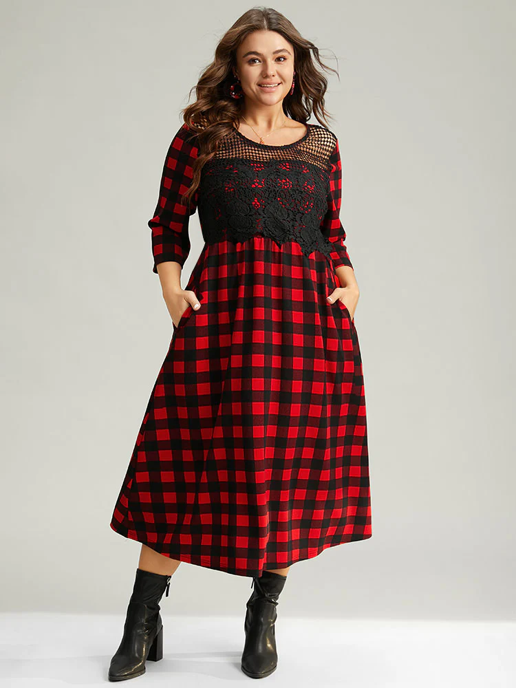 Christmas Plaid Crochet Lace Mesh Cut Out Dress