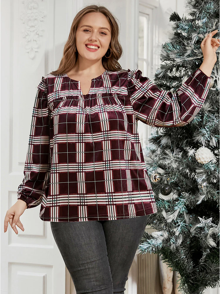 Plaid Lantern Sleeve Notched T-shirt