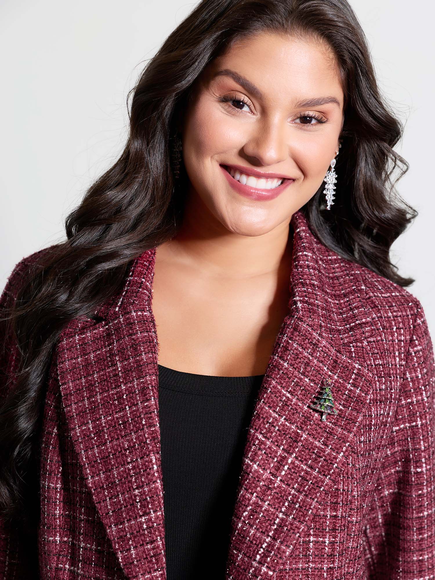 Tweed Brooch Waist-Defining Blazer