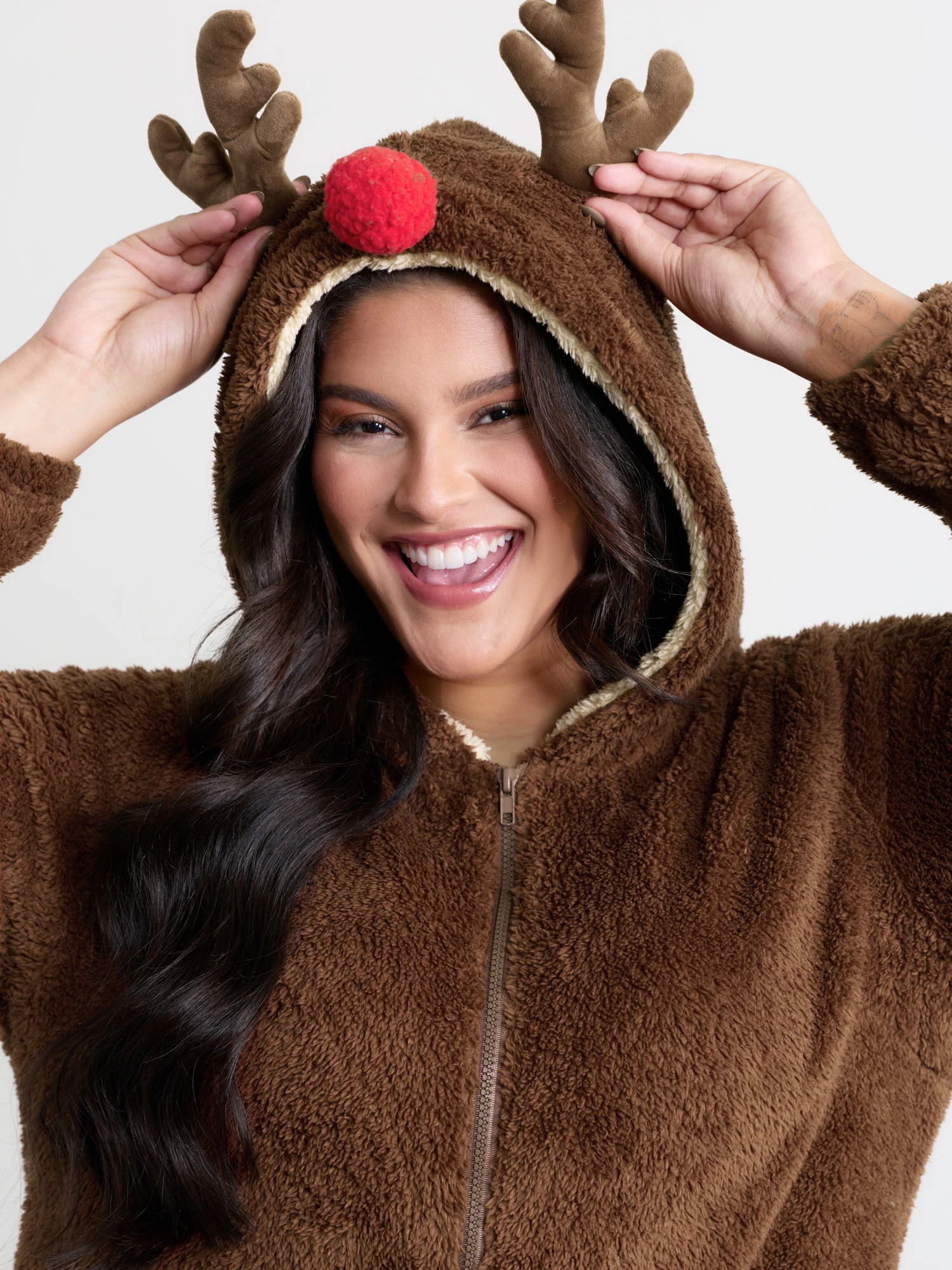 Supersoft Fluffy Reindeer Hoodie Sleep Jumpsuit