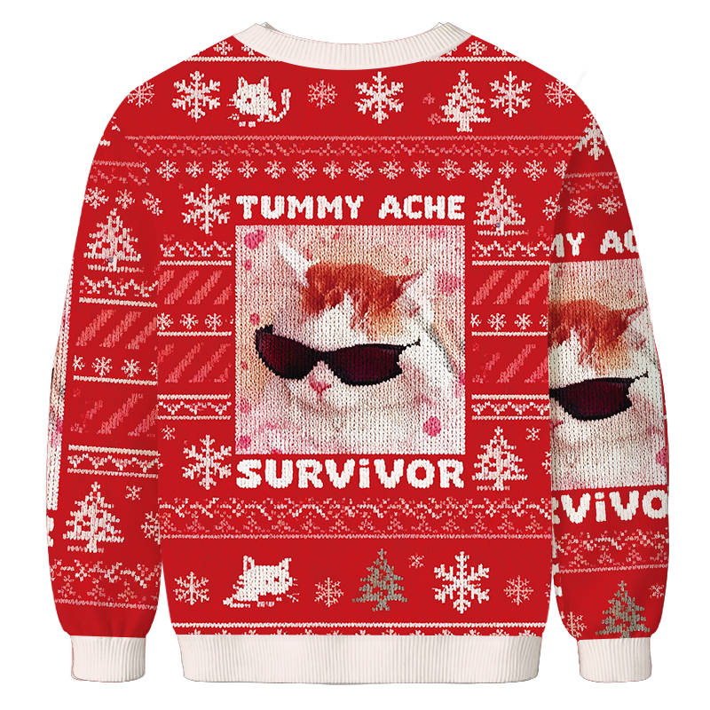 Tummy Ache Survivor Funny Cat Meme Christmas Ugly Sweatshirt