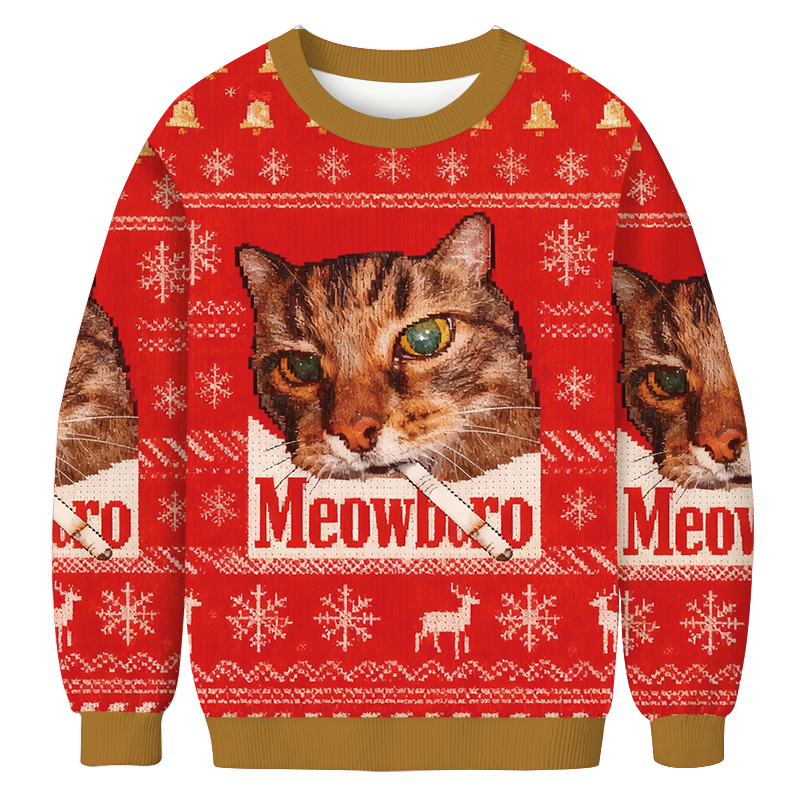 Red Funny Smoking Cat Meme Christmas Ugly Sweatshirt