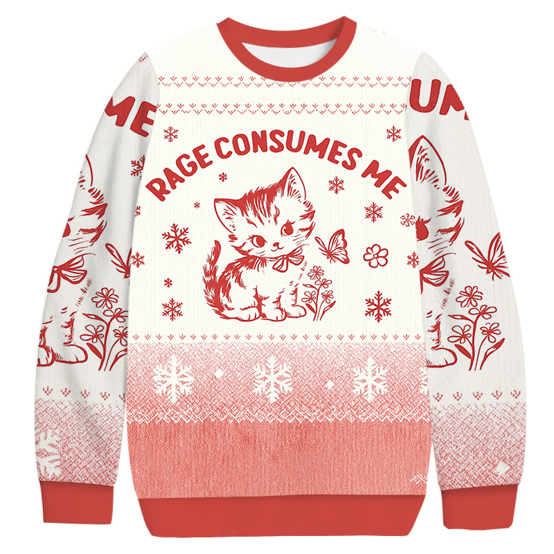 Rage Consumes Me Pink Cat Christmas Ugly Sweatshirt