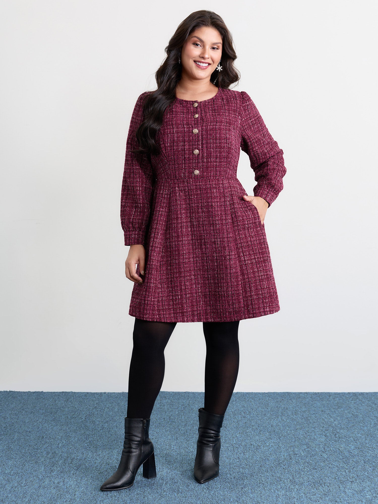 Tweed Metal Button Stretchy Waist Knee Dress