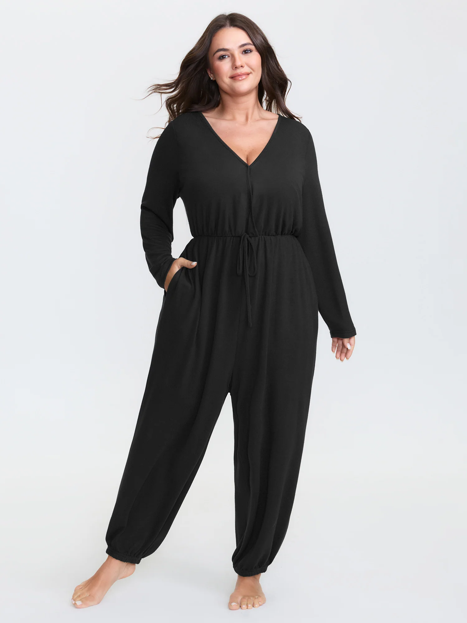 Elastic Waist Overlap Collar Lounge Jumpsuit