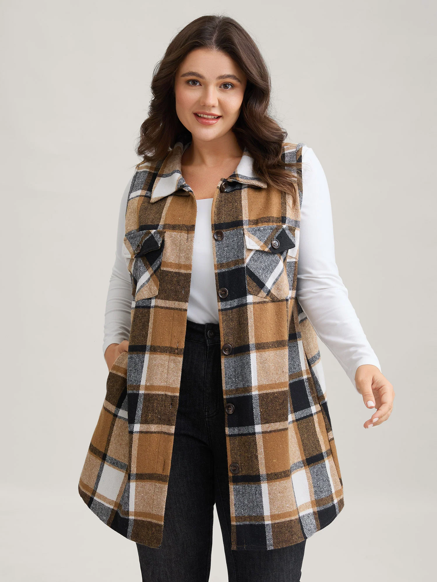 Plaid Flap Detail Sleeveless Jacket
