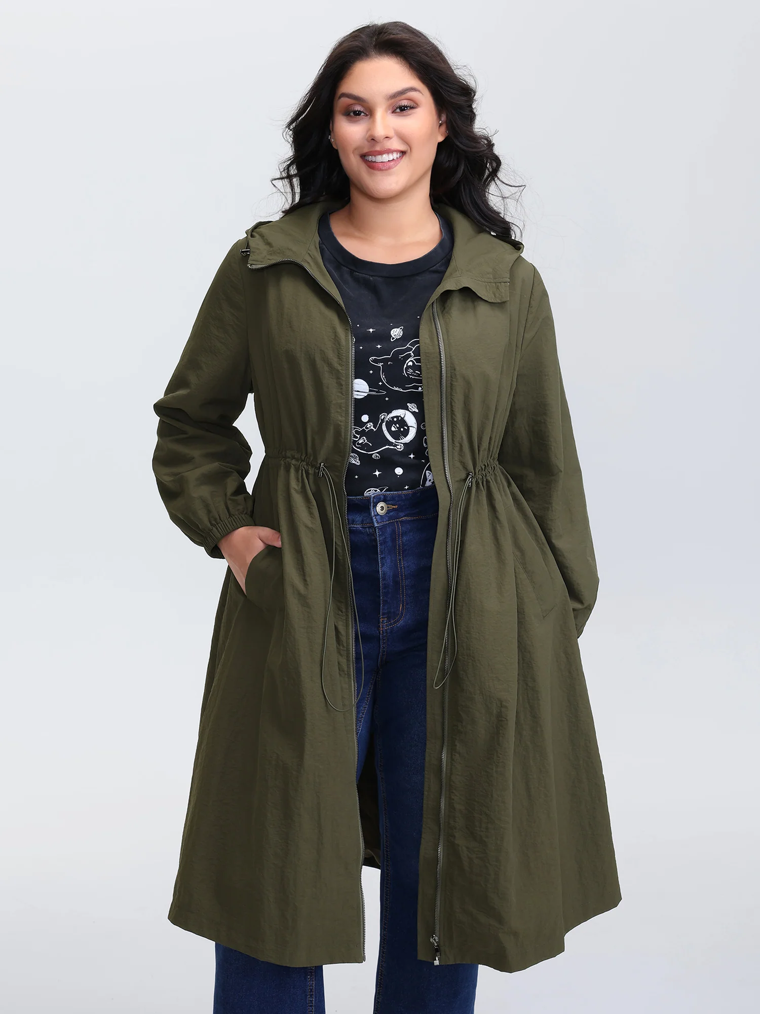 Drawstring Waist Pockets Hooded Coat