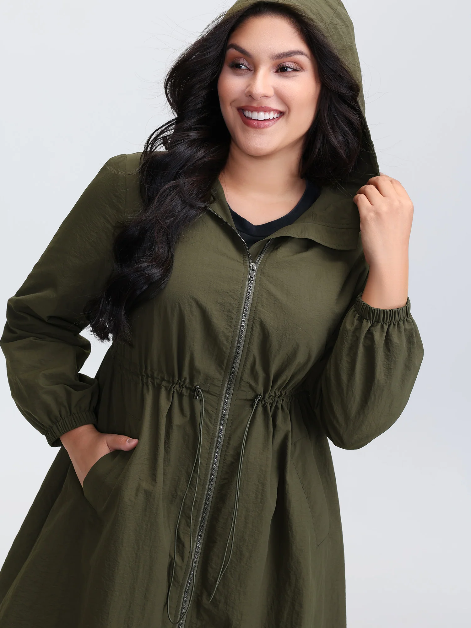 Drawstring Waist Pockets Hooded Coat