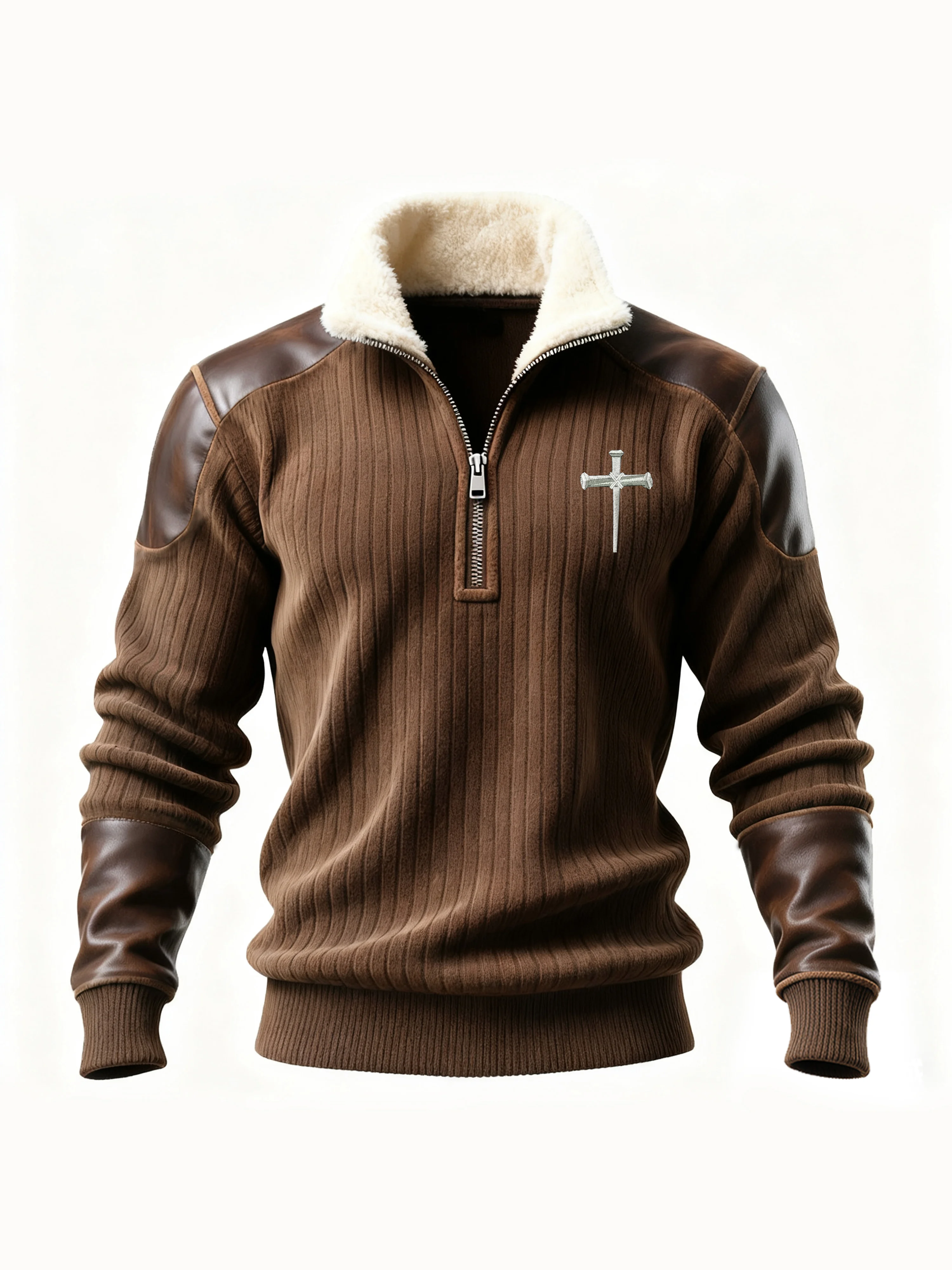 Men's Winter Retro Faith Contrast Color Motorcycle Lapel Top
