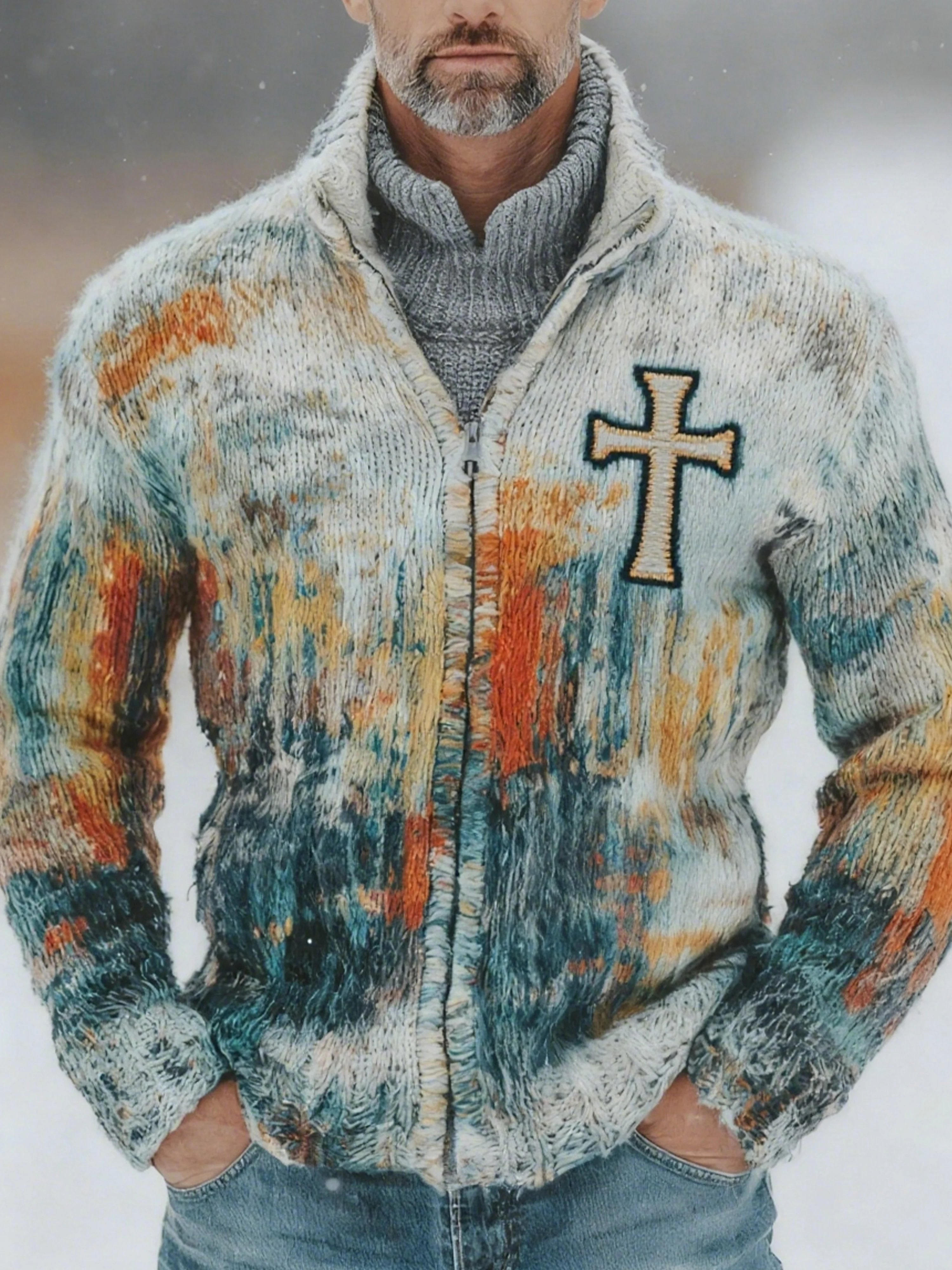 Men's winter contrast cross print cardigan