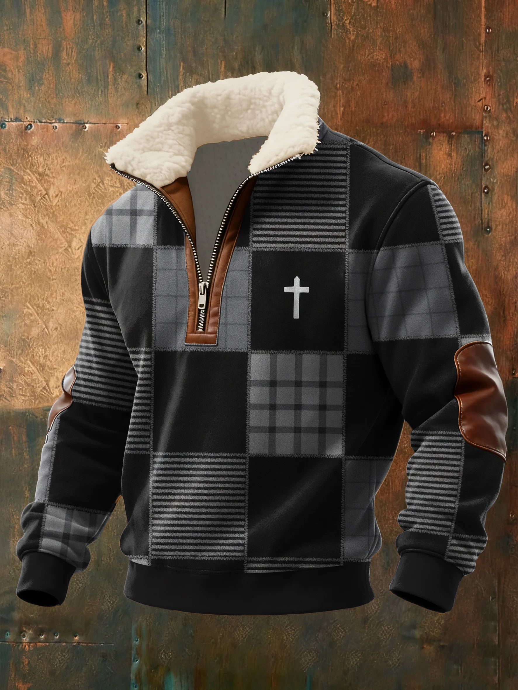 Men's Faith Print Zipper Fur Collar Long Sleeve Sweatshirt