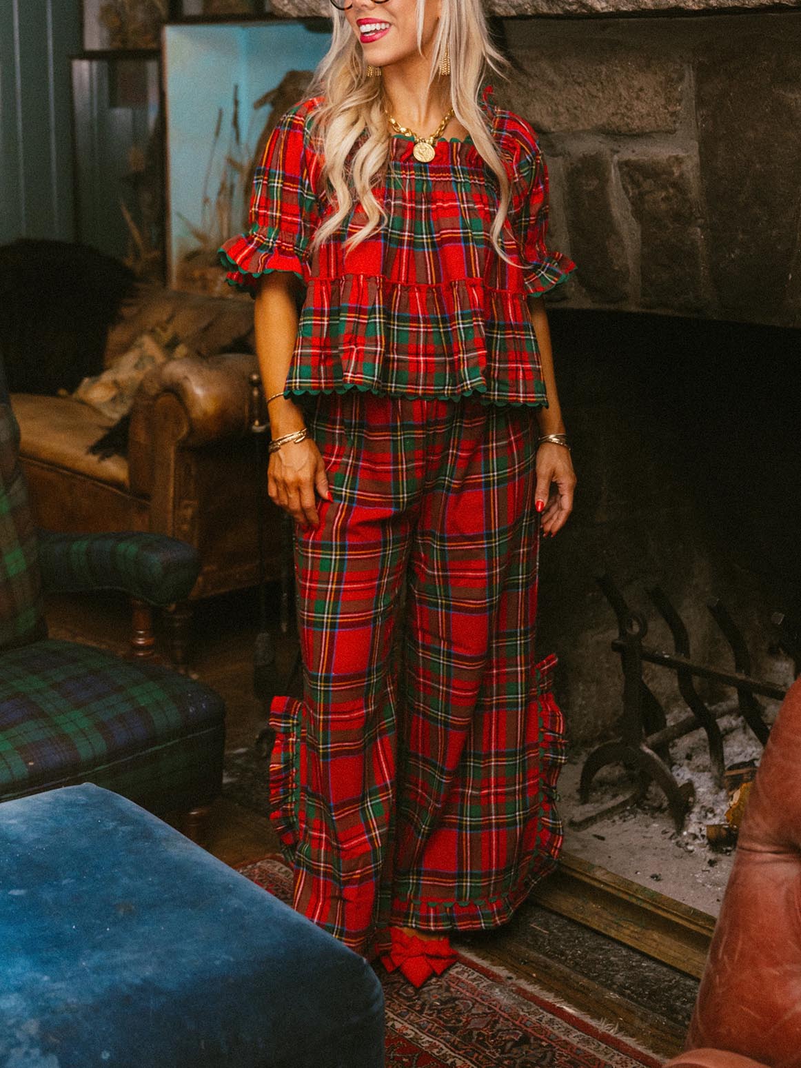 Women's Christmas Plaid Ruffle Puff Sleeve Pajamas Set