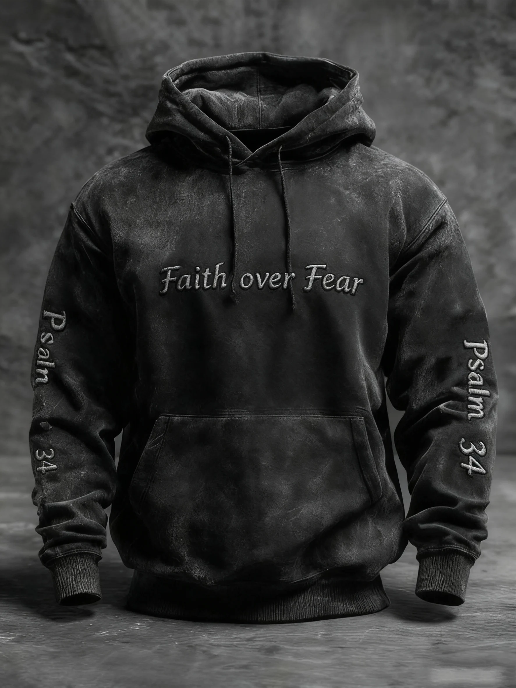 Men's Vintage Cross Faith Over Fear Psalm 34 Print Hoodie