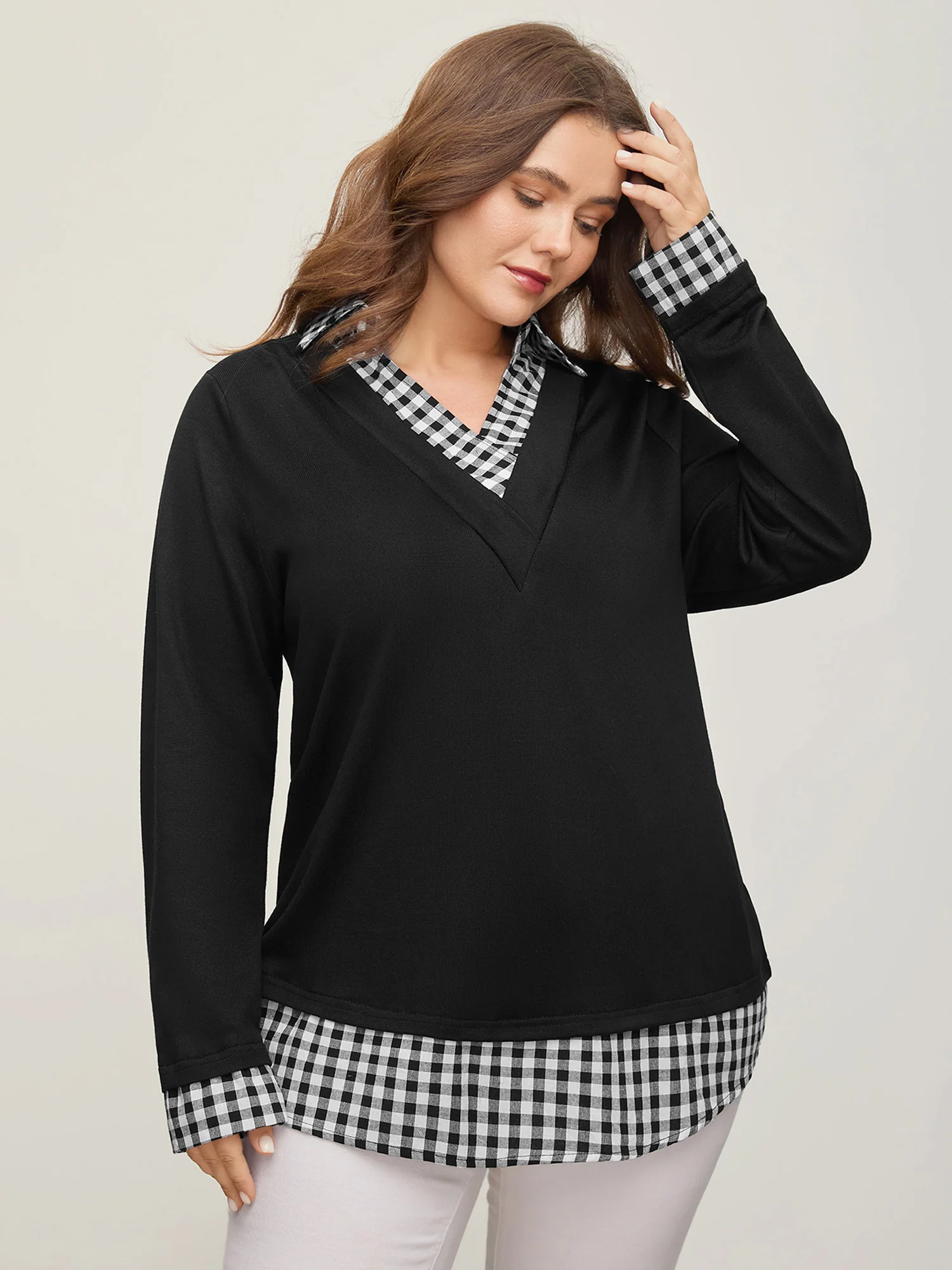 Gingham Patchwork Shirt Collar Arc Hem Sweatshirt