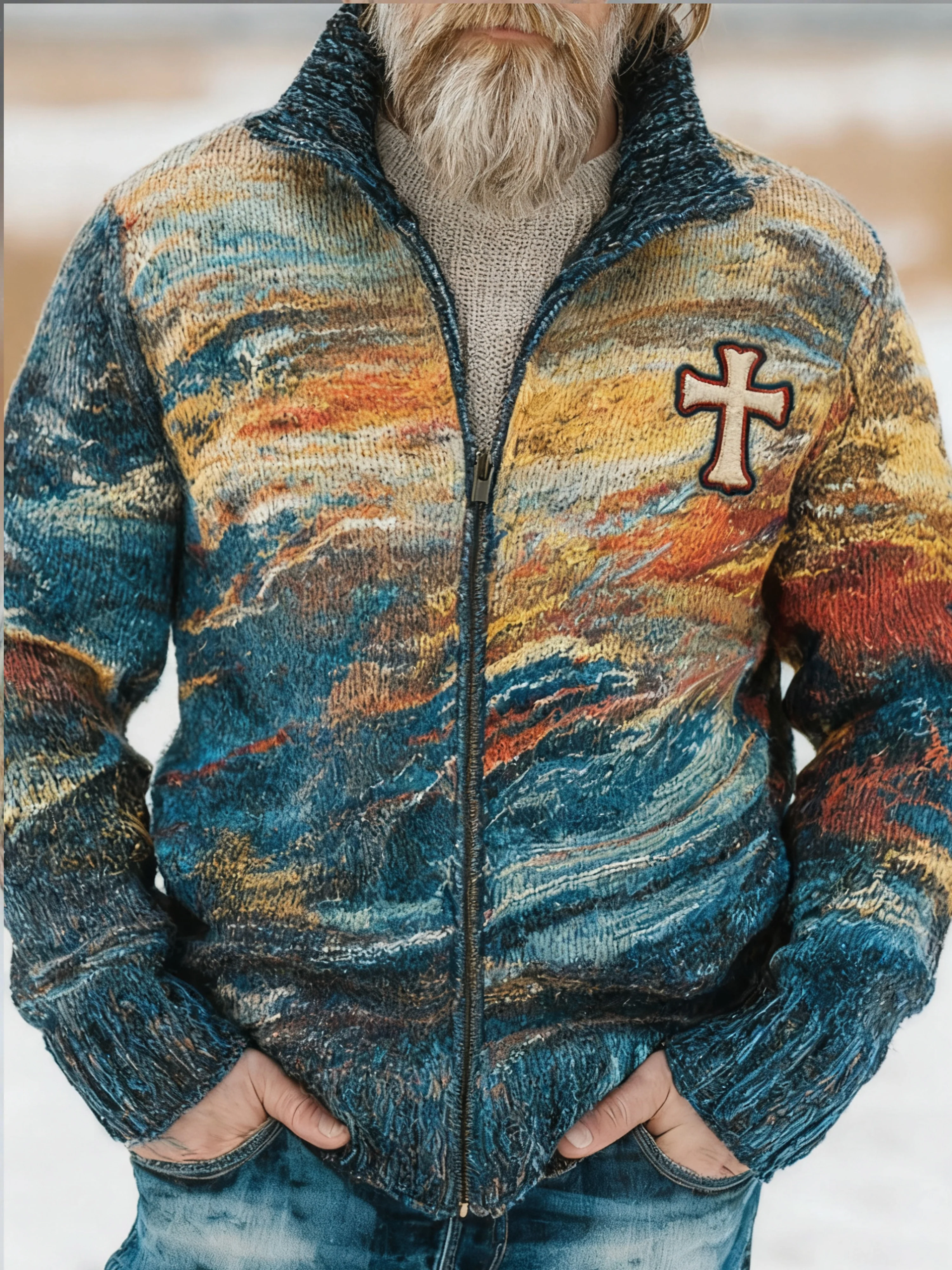 Men's Winter Van Gogh Oil Painting Color Cross Print Cardigan
