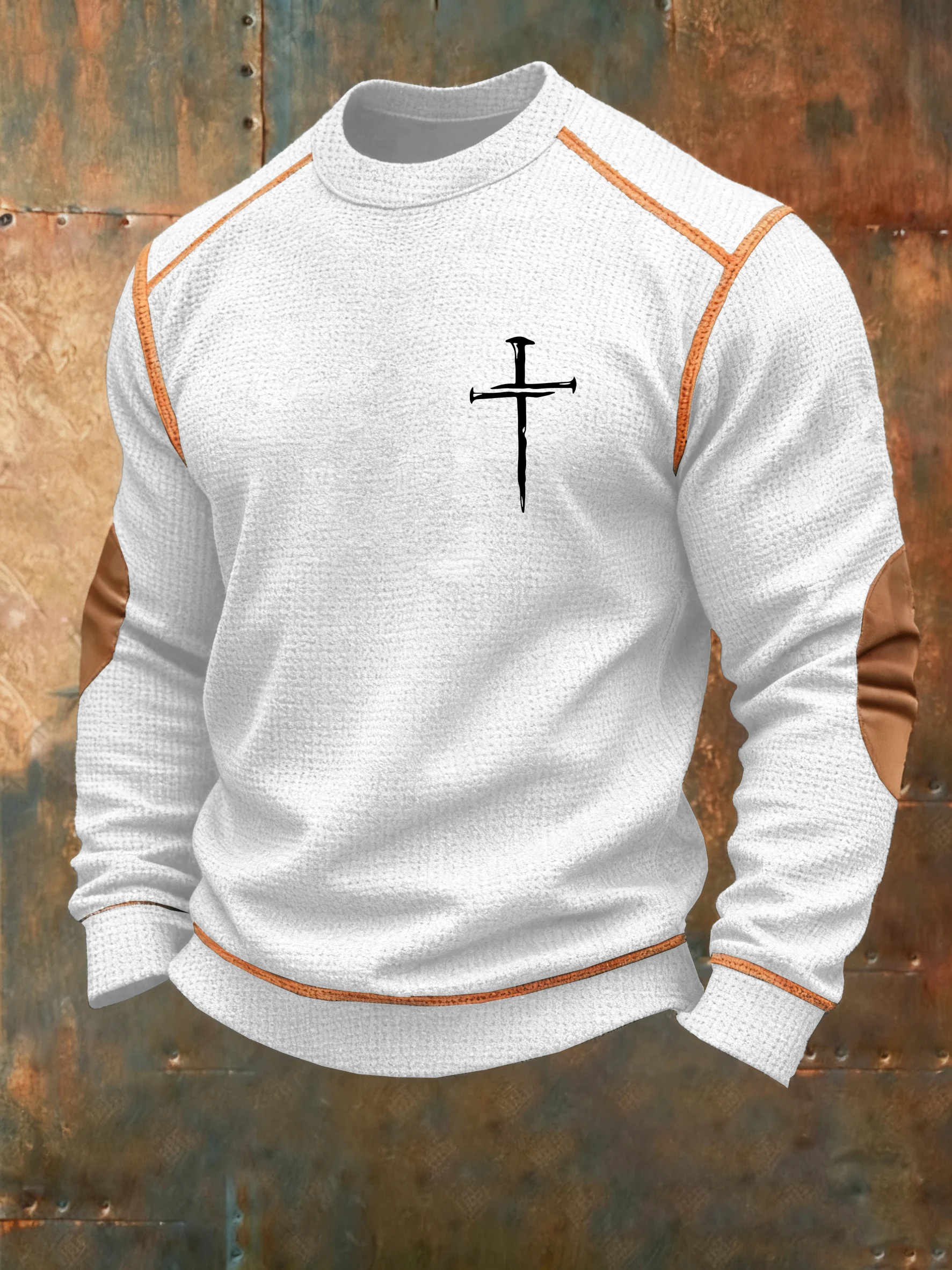 Men's Vintage Faith Cross Print Waffle Crew Neck Sweatshirt