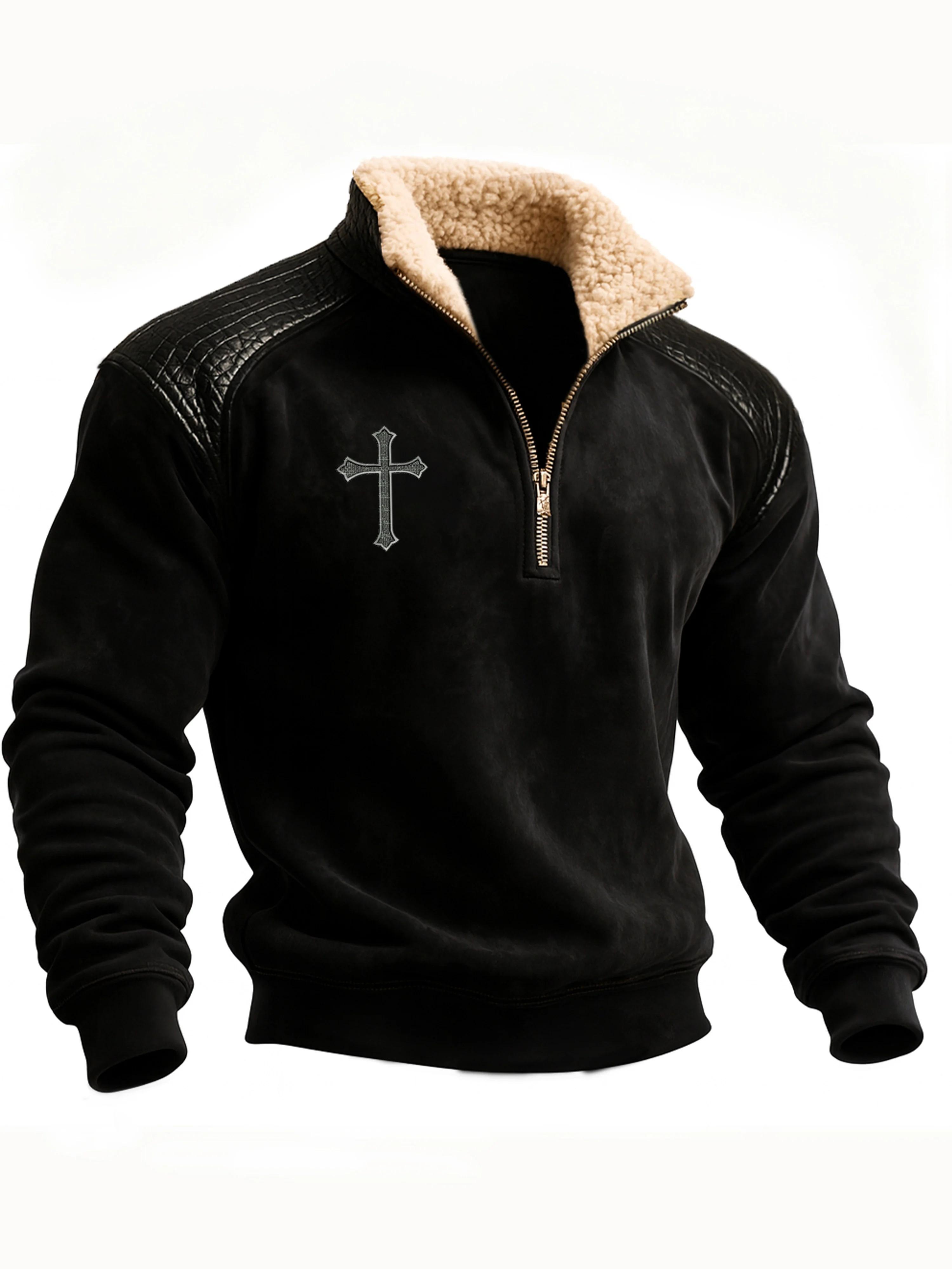 Men's Winter Retro Faith Cross Contrast Color Motorcycle Lapel Top