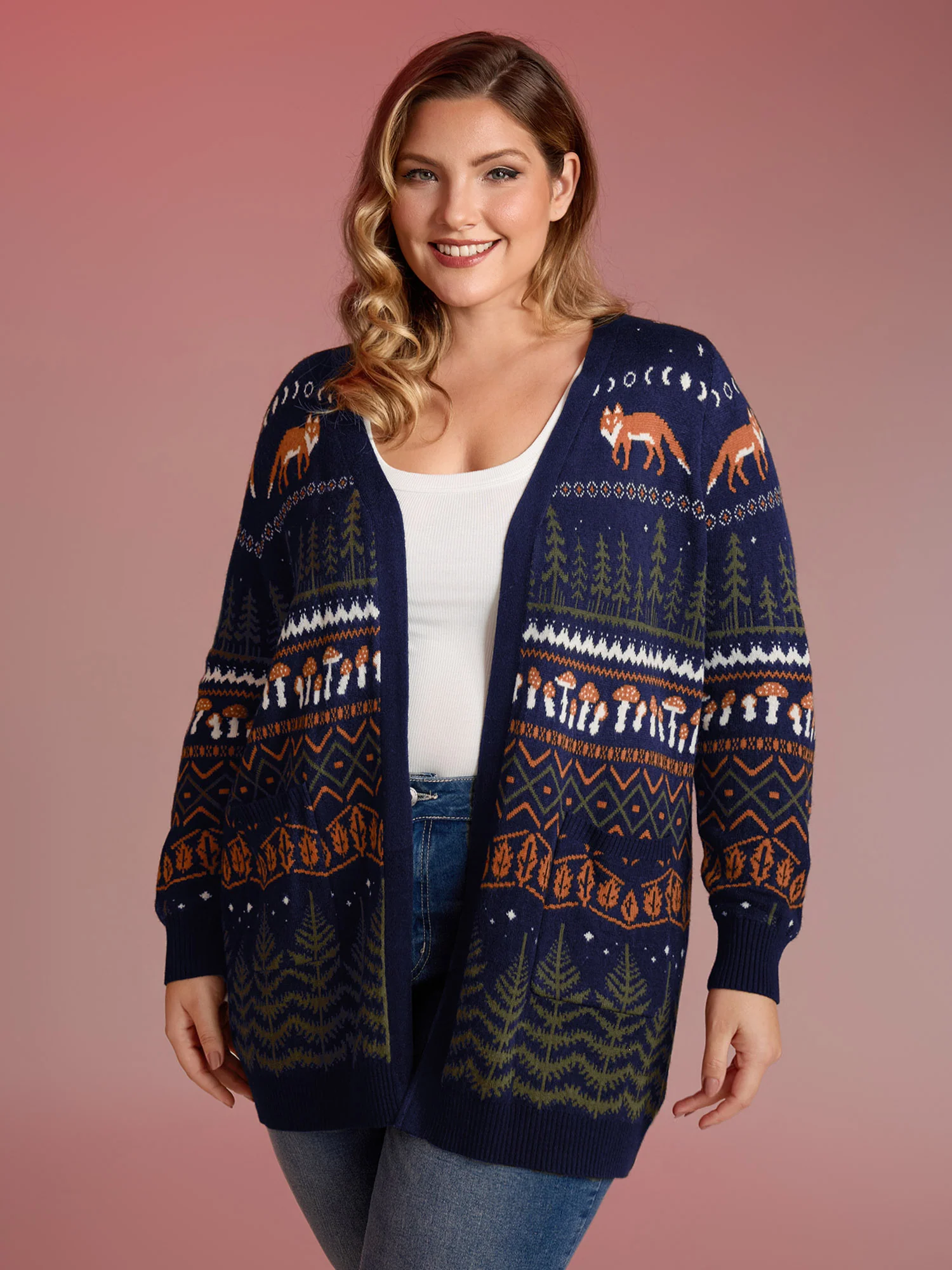Fox in Forest Contrast Knit Cardigan