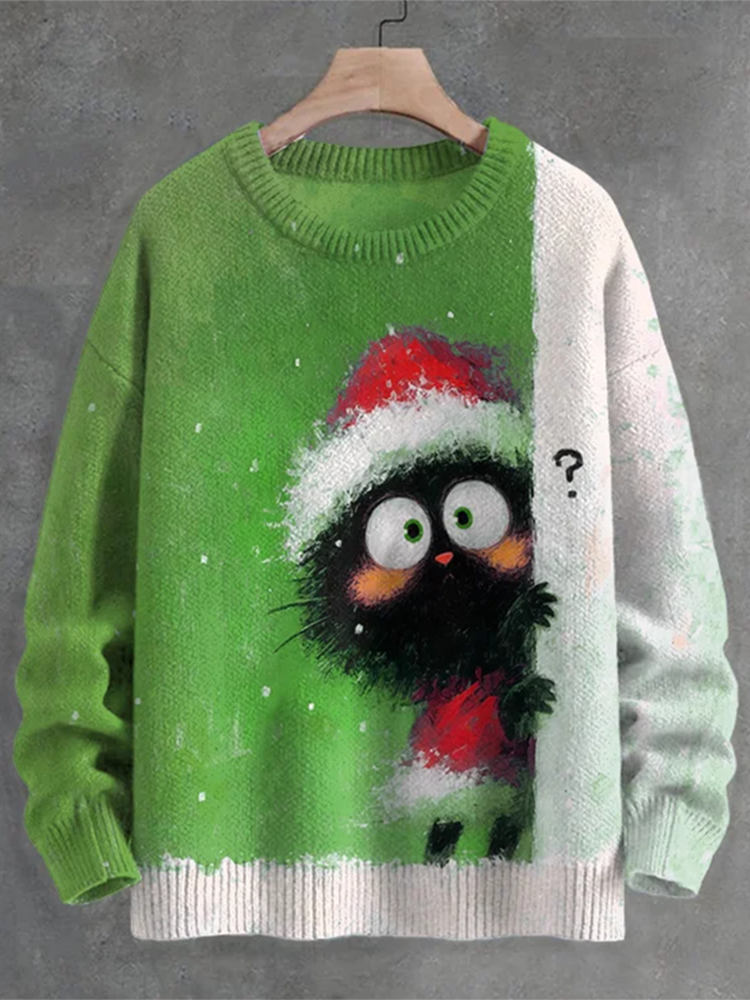 Men's Black Cat In Christmas Costume Hiding Art Print Casual Knit Crew Neck Sweater