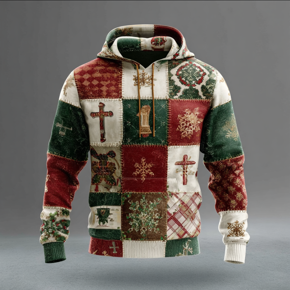 Christmas Retro Element Patch Design Men's Hooded Sweatshirt