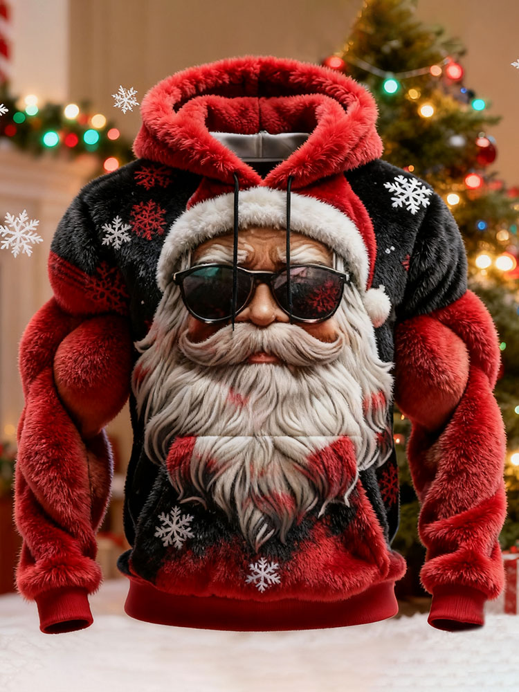 Santa Claus Print Color Block Plush Hoodie