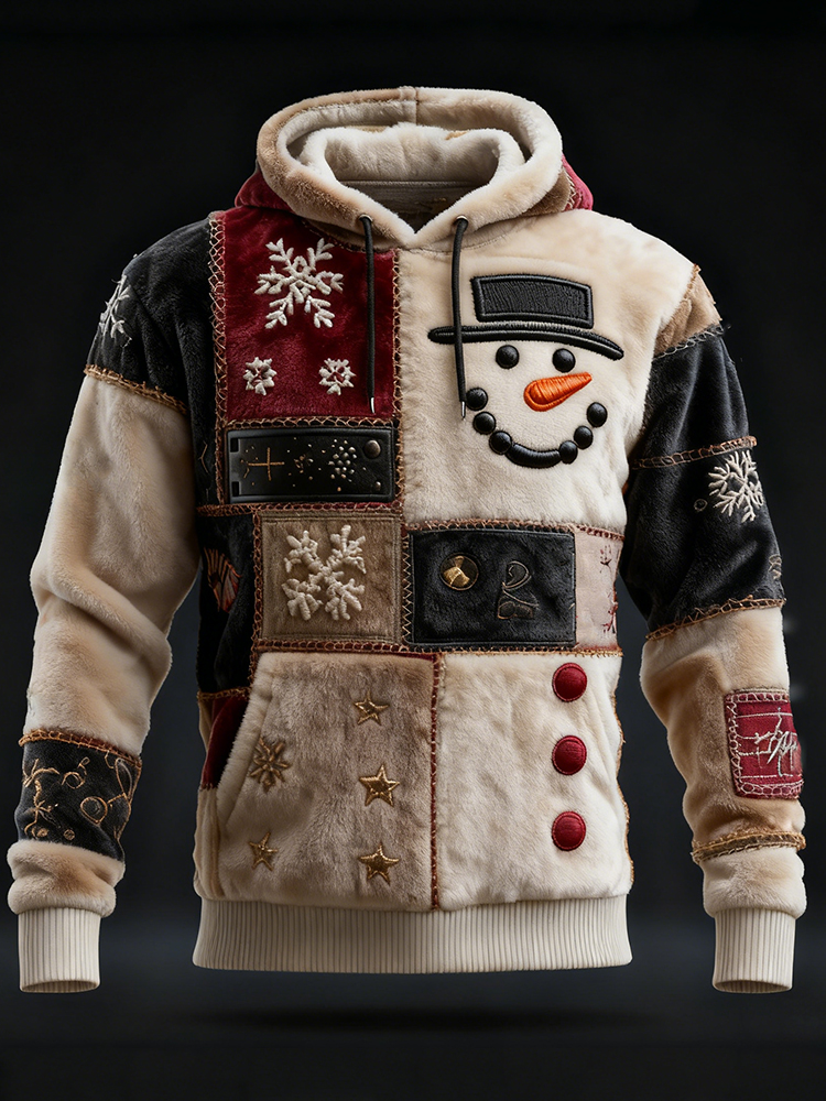 Men's Christmas Snowman Snowflakes Patchwork Cozy Plush Hoodie