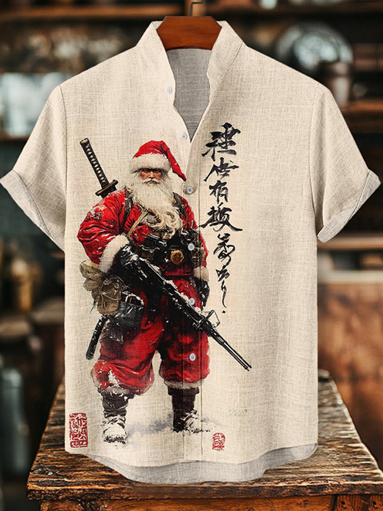 Men's Christmas Santa Japanese Warrior Print Shirt