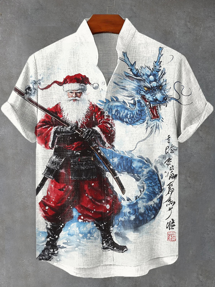 Men's Fighting Dragon And Santa Claus Ink Wash Art Print Short Sleeve Shirt