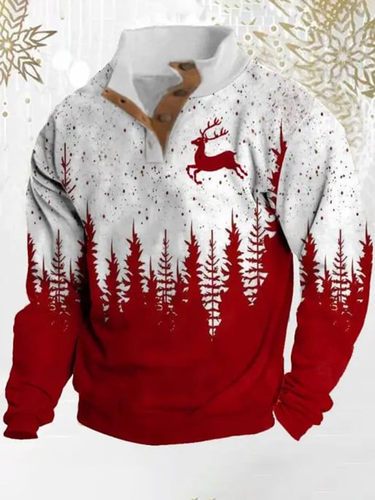 Men's Christmas Tree Reindeer Print Zippered Wool Collar Sweatshirt