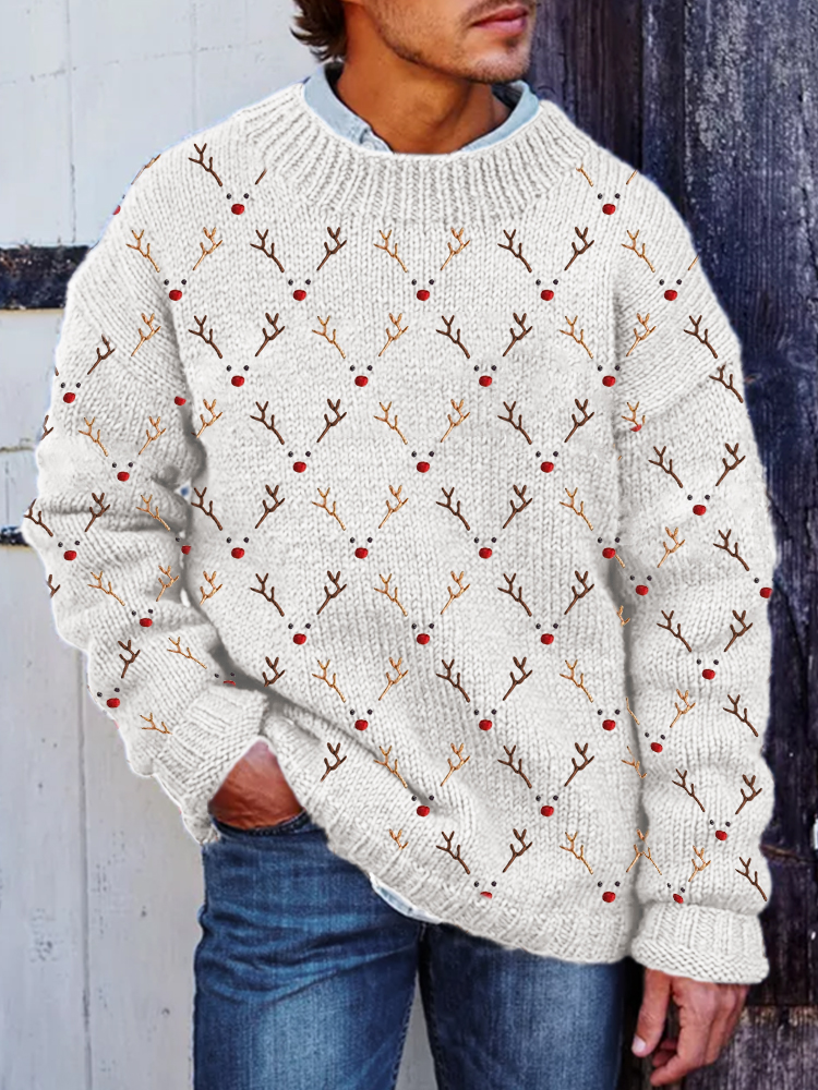Men's Christmas Reindeer Faces Embroidery Pattern Cozy Sweater