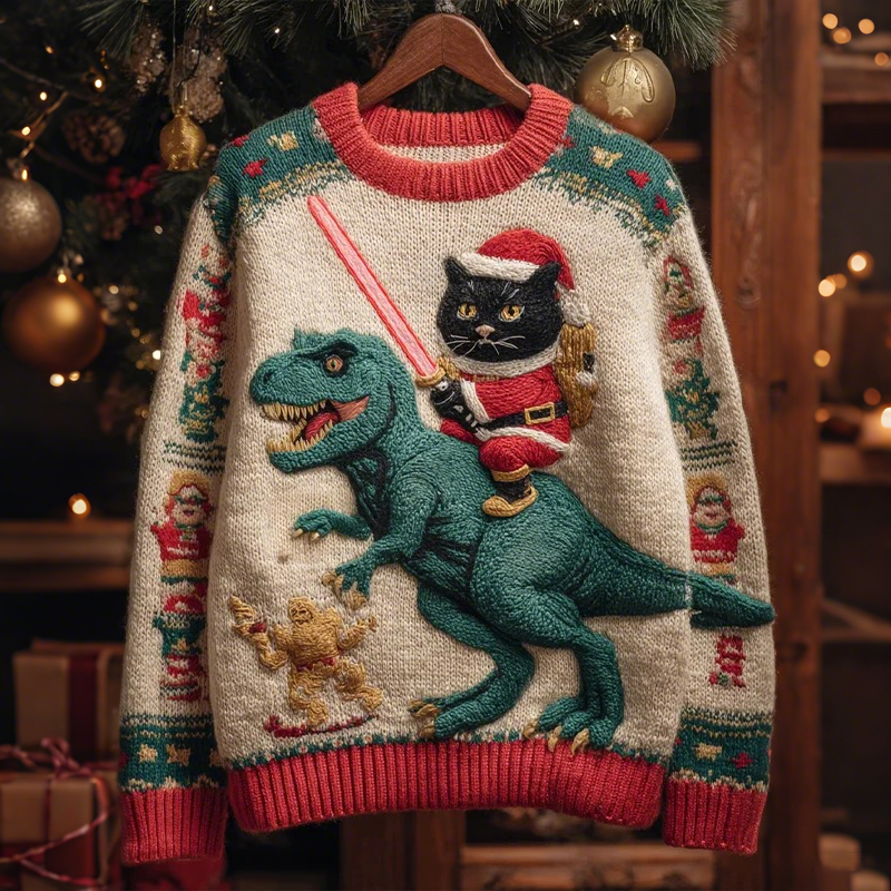 Men's Black Cat Riding A Dinosaur And Holding A Lightsaber Christmas Ugly Sweater