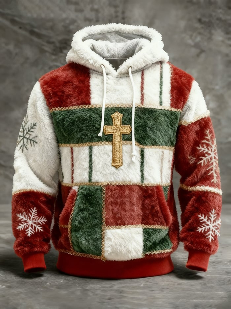 Men's Vintage Christmas Cross Patchwork Art Print Plush Warm Hoodie