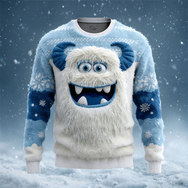 Men's Ice Monster Snowflakes Colorblock Cozy Plush Sweatshirt