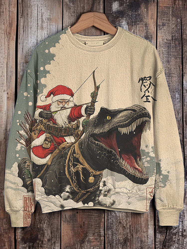 Men's Santa Claus Riding A Dinosaur And Shooting Arrows Art Print Sweatshirt