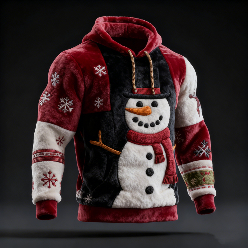 Men's Christmas Snowman Snowflakes Colorblock Cozy Plush Hoodie