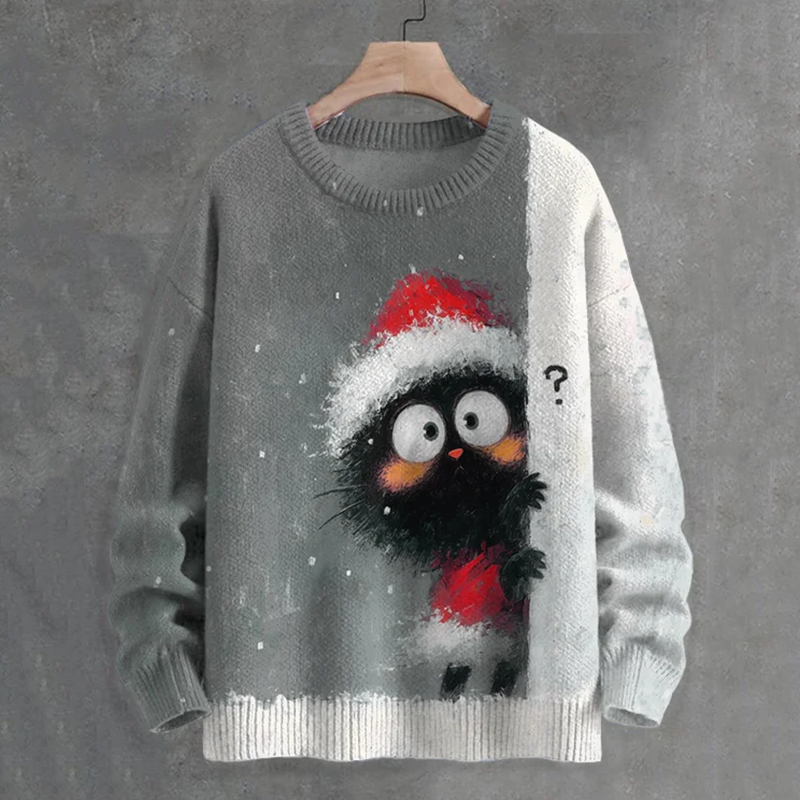 Men's Black Cat In Christmas Costume Hiding Art Print Casual Knit Crew Neck Sweater